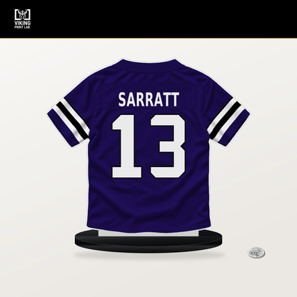 Elijah Sarratt number 13 Baltimore Ravens jersey stand with included black base.