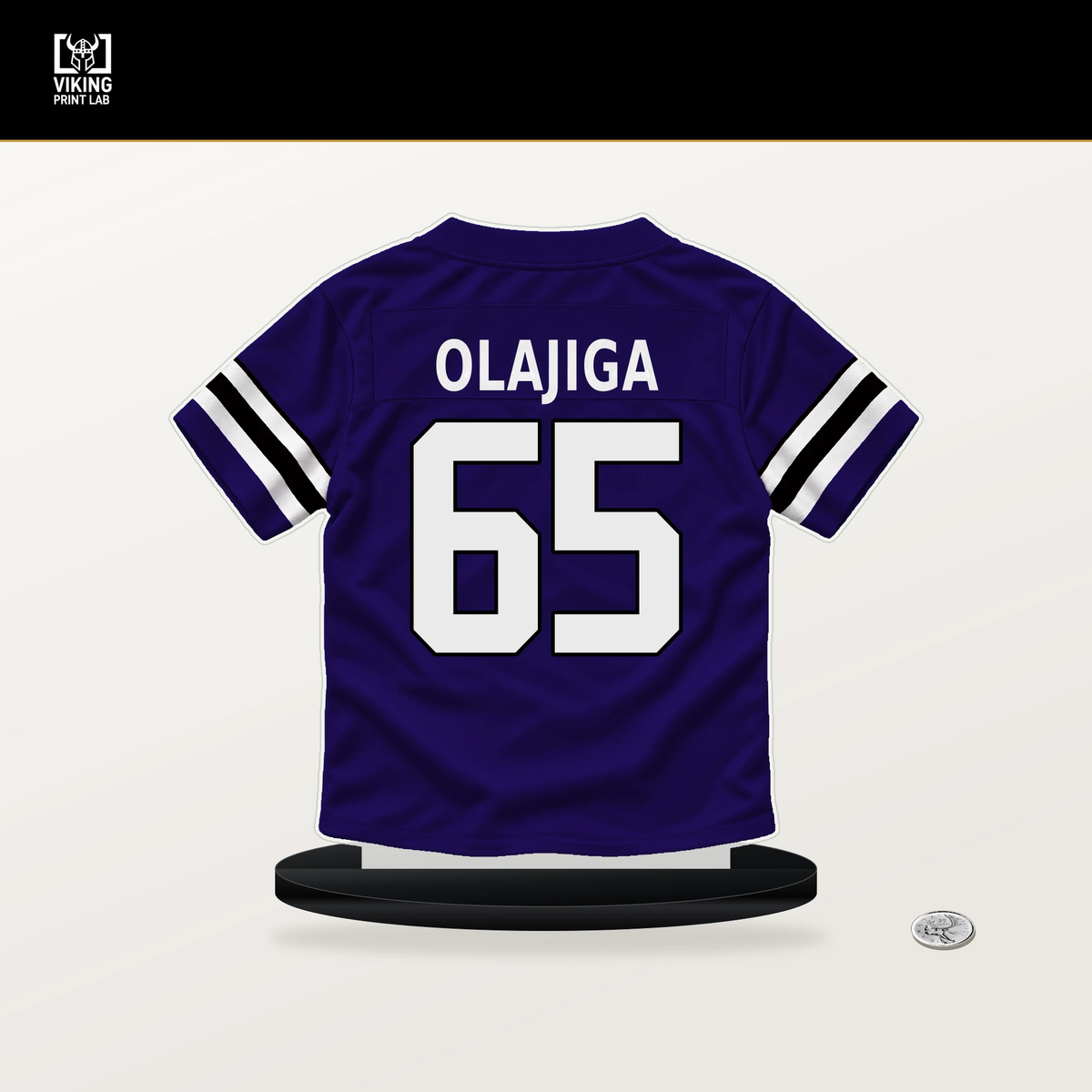 David Olajiga number 65 Baltimore Ravens jersey stand with included black base.