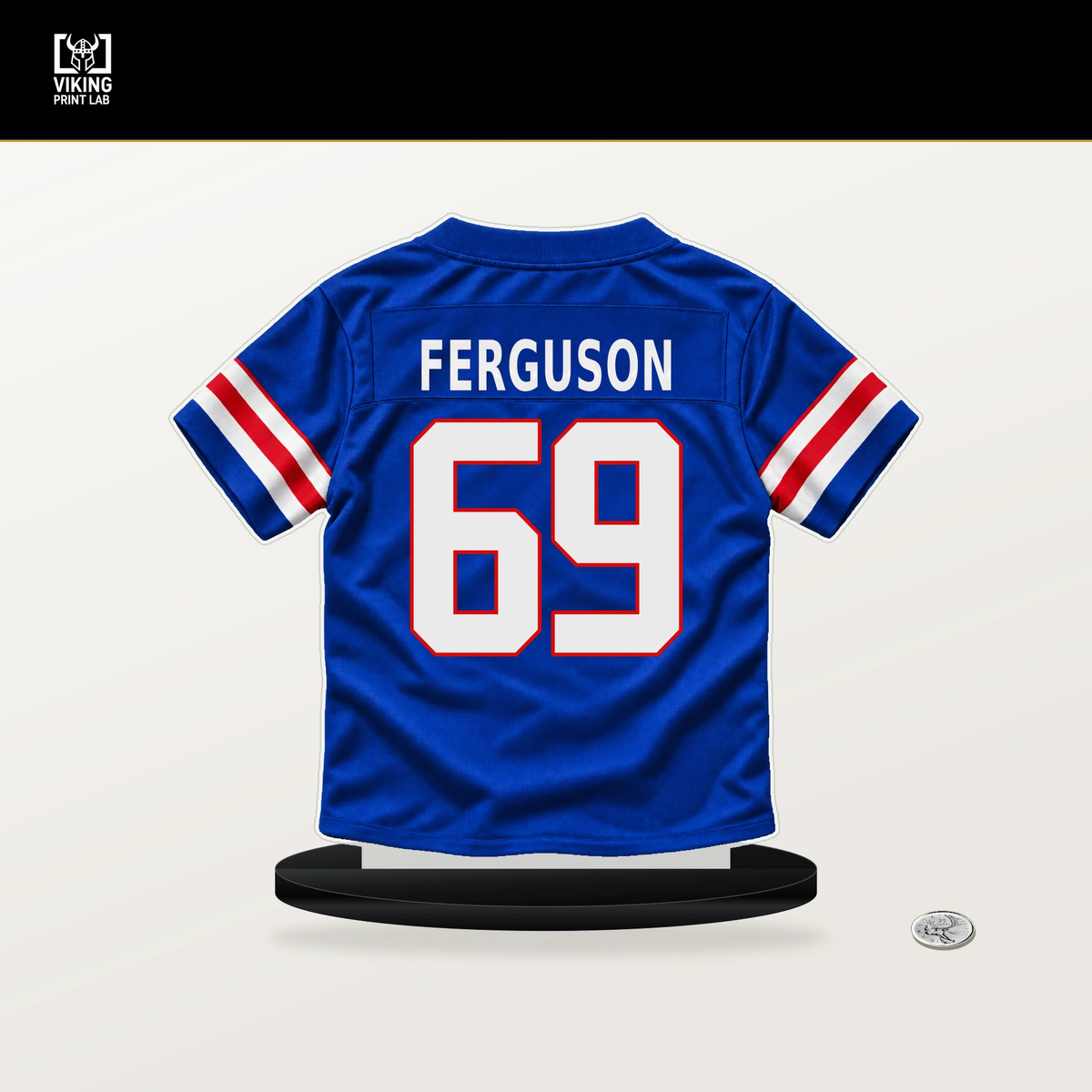 Reid Ferguson number 69 Buffalo Bills jersey stand with included black base.