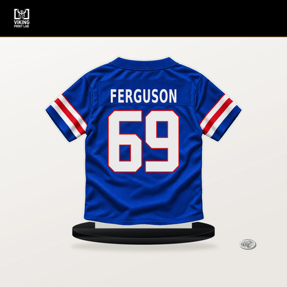 Reid Ferguson number 69 Buffalo Bills jersey stand with included black base.
