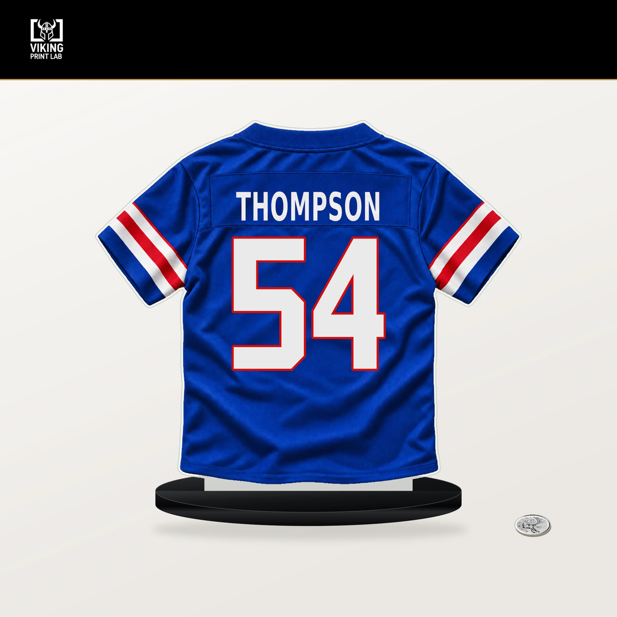 Shaq Thompson number 54 Buffalo Bills jersey stand with included black base.