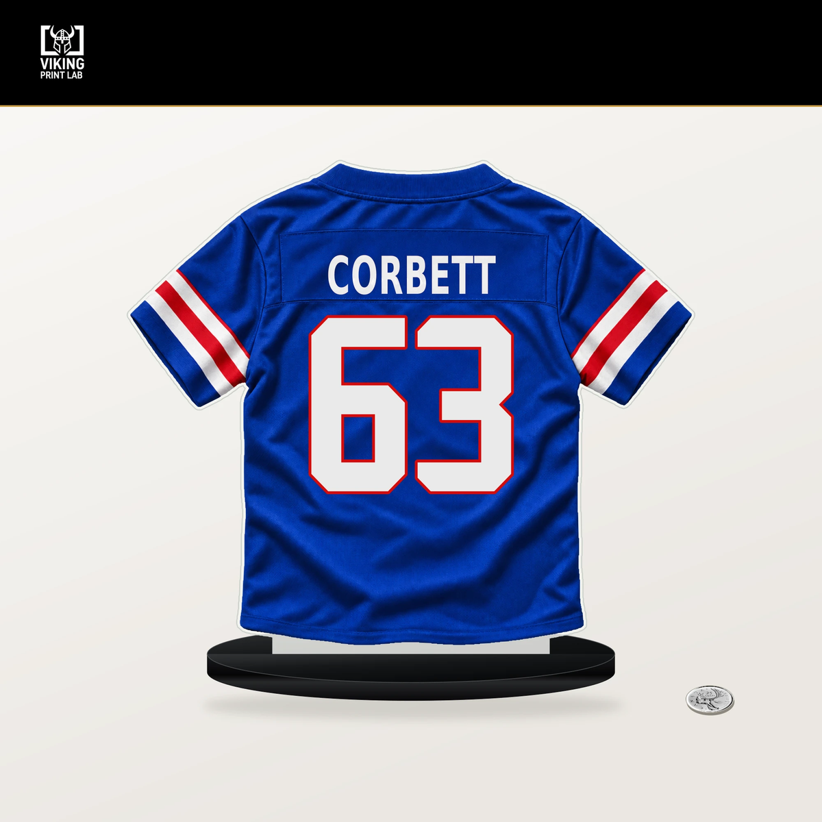 Austin Corbett number 63 Buffalo Bills jersey stand with included black base.