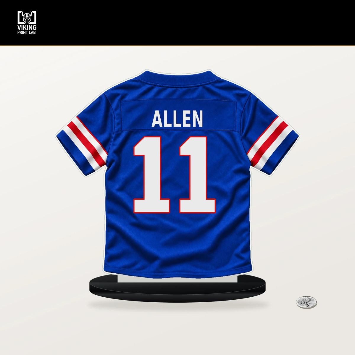 Kyle Allen number 11 Buffalo Bills jersey stand with included black base.