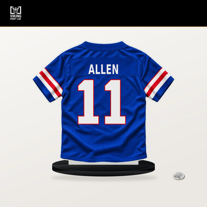 Kyle Allen number 11 Buffalo Bills jersey stand with included black base.