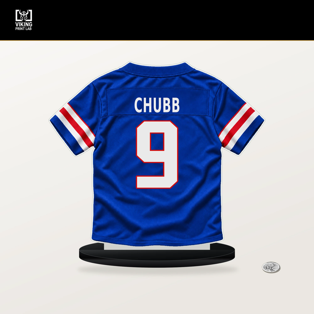 Bradley Chubb number 9 Buffalo Bills jersey stand with included black base.