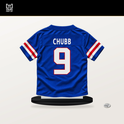 Bradley Chubb number 9 Buffalo Bills jersey stand with included black base.