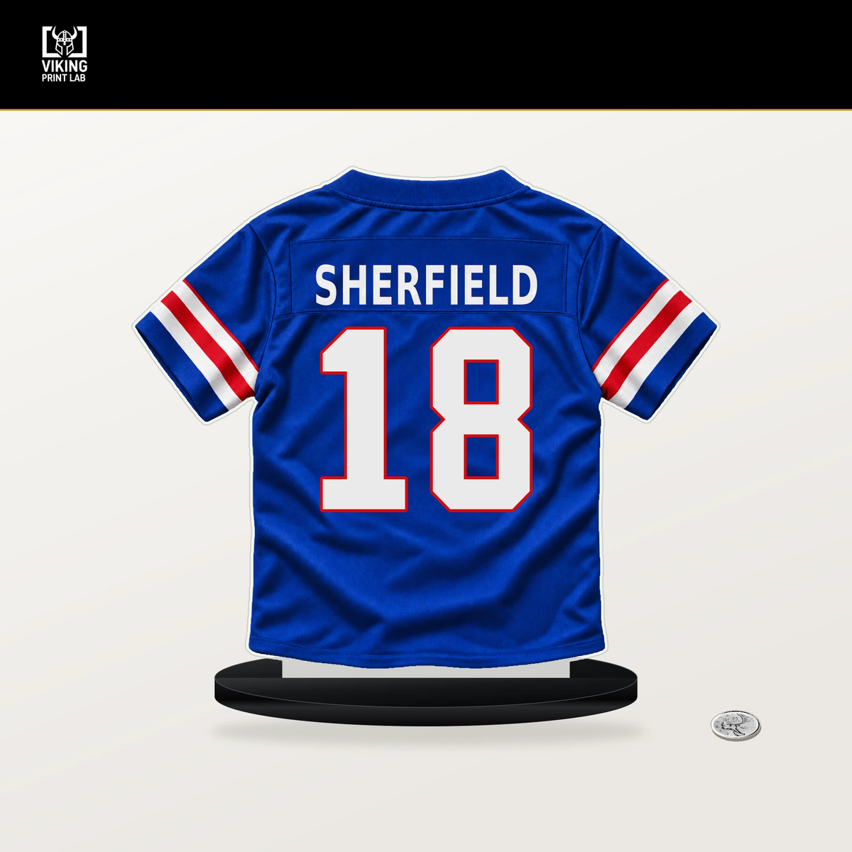 Trent Sherfield number 18 Buffalo Bills jersey stand with included black base.