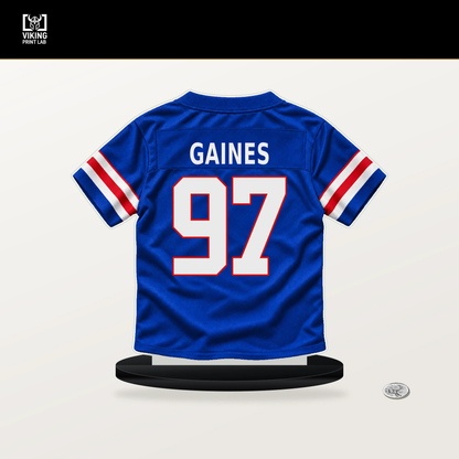 Greg Gaines number 97 Buffalo Bills jersey stand with included black base.