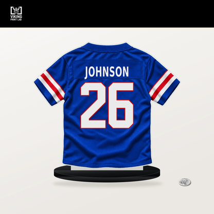 Ty Johnson number 26 Buffalo Bills jersey stand with included black base.