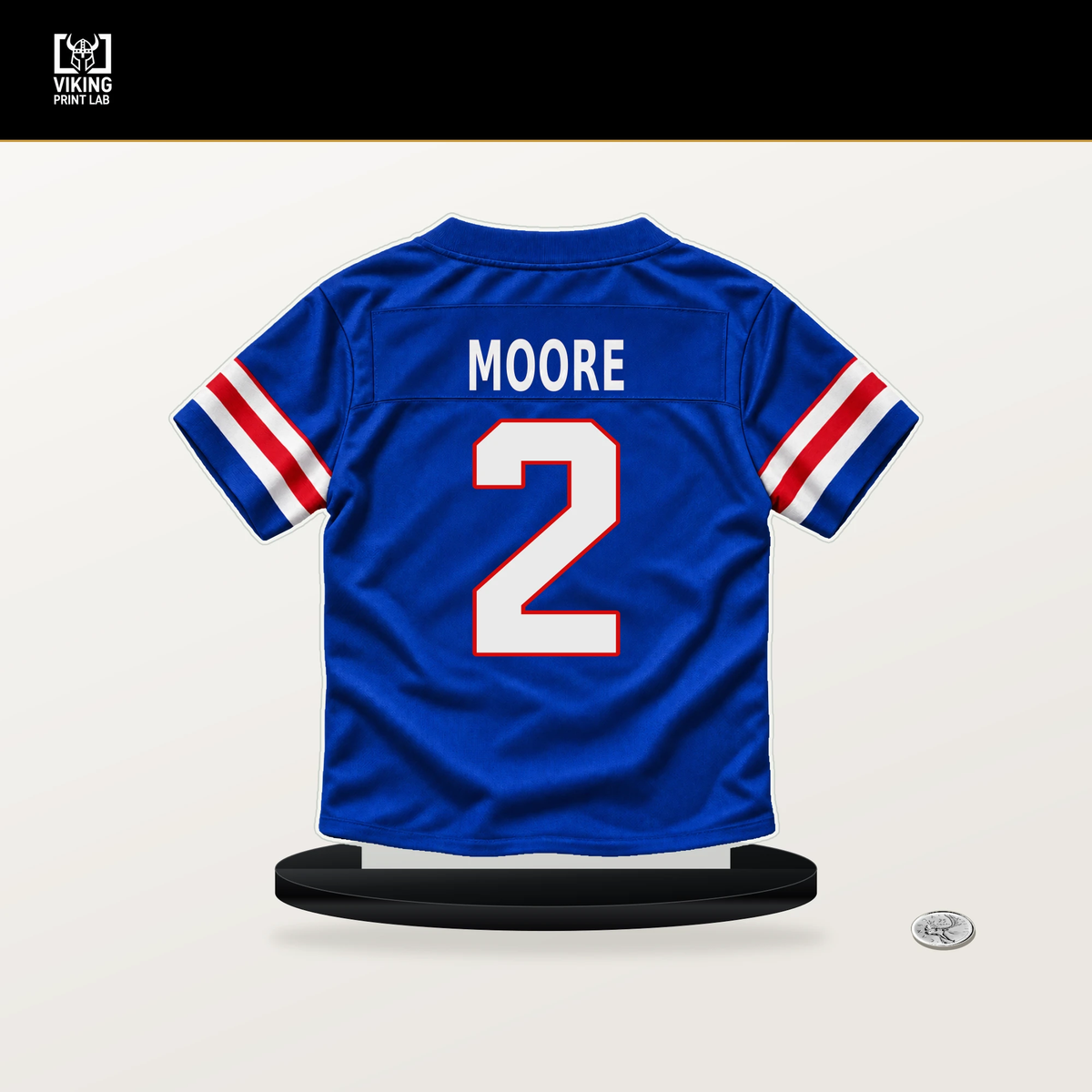 DJ Moore number 2 Buffalo Bills jersey stand with included black base.