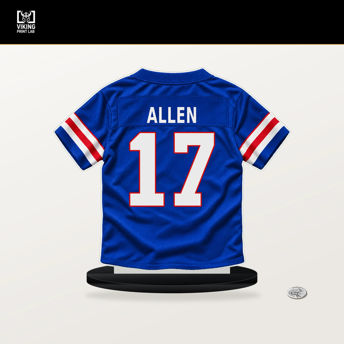 Josh Allen number 17 Buffalo Bills jersey stand with included black base.