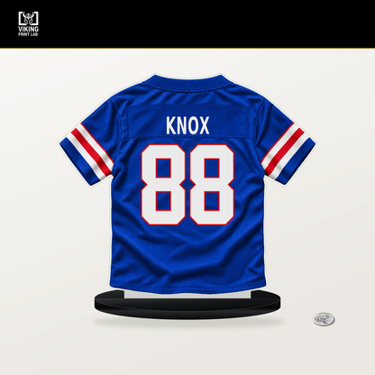Dawson Knox number 88 Buffalo Bills jersey stand with included black base.