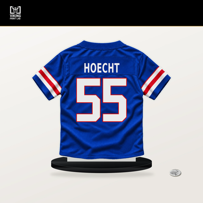 Michael Hoecht number 55 Buffalo Bills jersey stand with included black base.