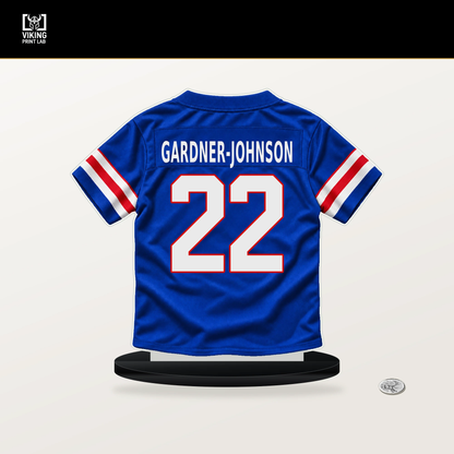 C.J. Gardner-Johnson number 22 Buffalo Bills jersey stand with included black base.