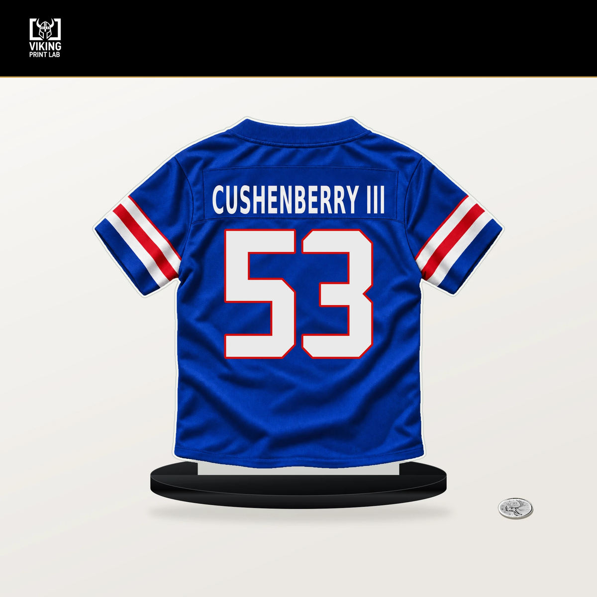 Lloyd Cushenberry III number 53 Buffalo Bills jersey stand with included black base.