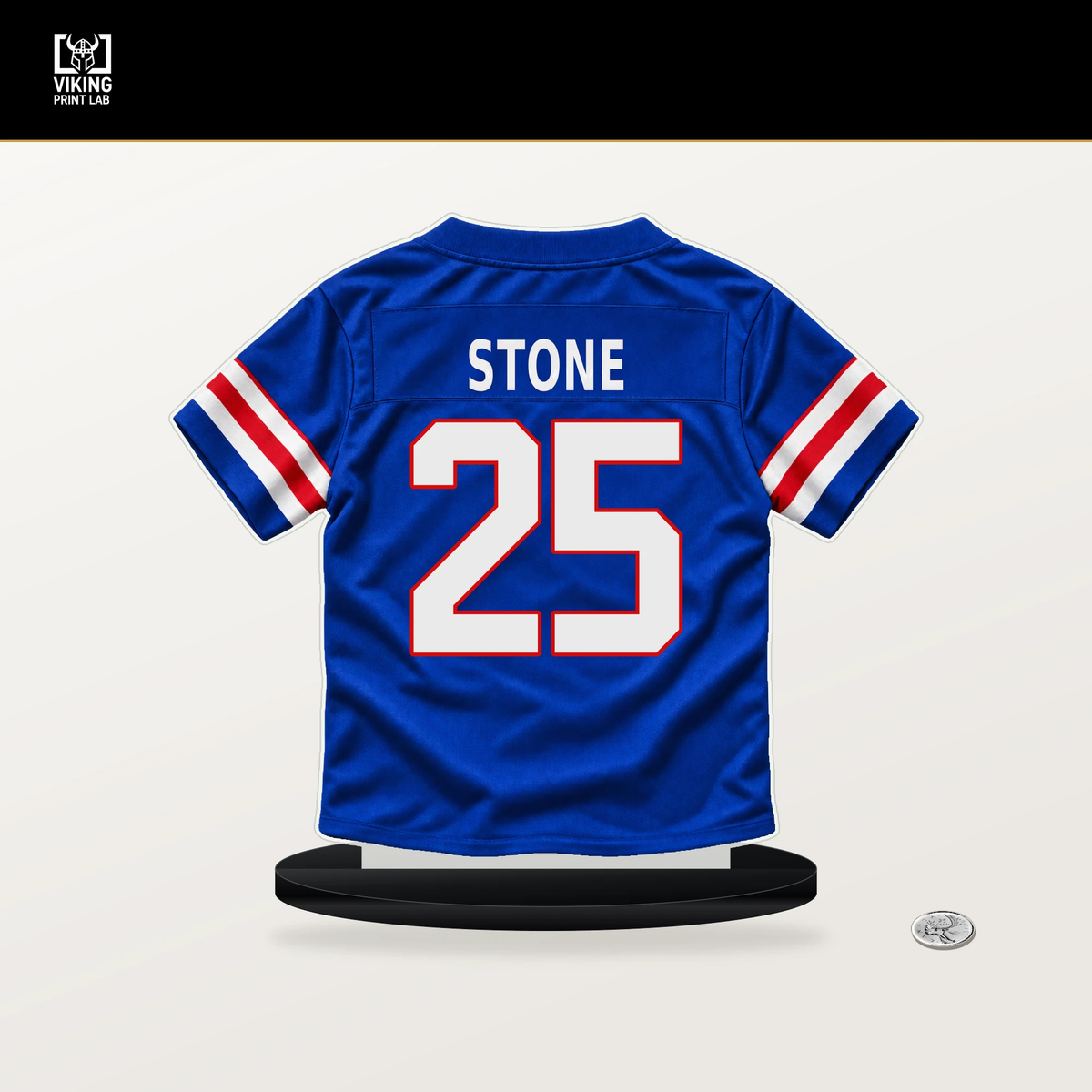 Geno Stone number 25 Buffalo Bills jersey stand with included black base.