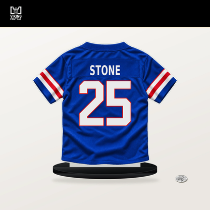 Geno Stone number 25 Buffalo Bills jersey stand with included black base.