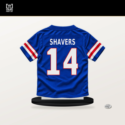 Tyrell Shavers number 14 Buffalo Bills jersey stand with included black base.