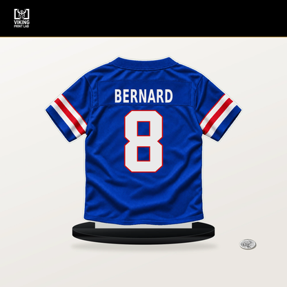 Terrel Bernard number 8 Buffalo Bills jersey stand with included black base.