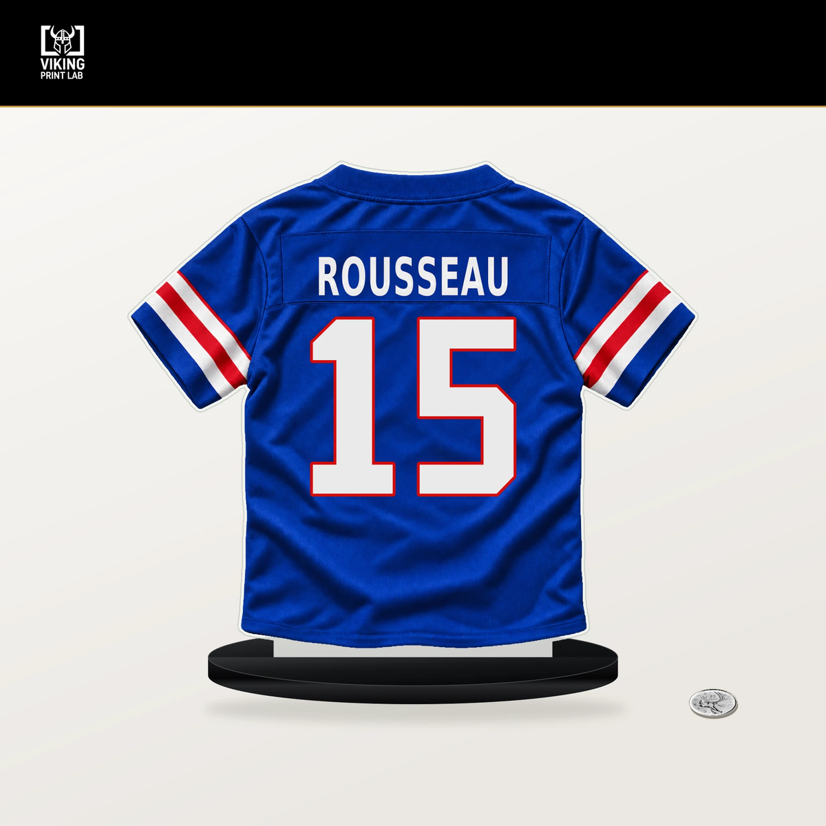Greg Rousseau number 15 Buffalo Bills jersey stand with included black base.