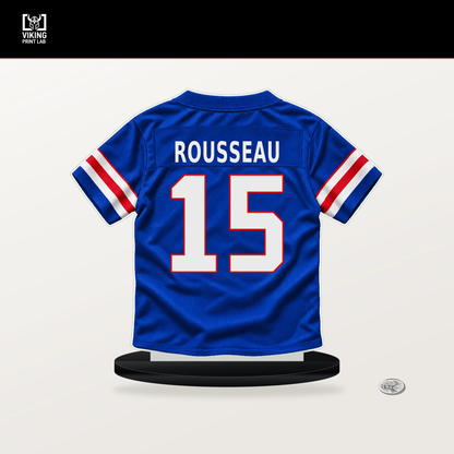 Greg Rousseau number 15 Buffalo Bills jersey stand with included black base.