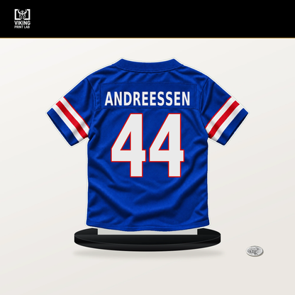 Joe Andreessen number 44 Buffalo Bills jersey stand with included black base.