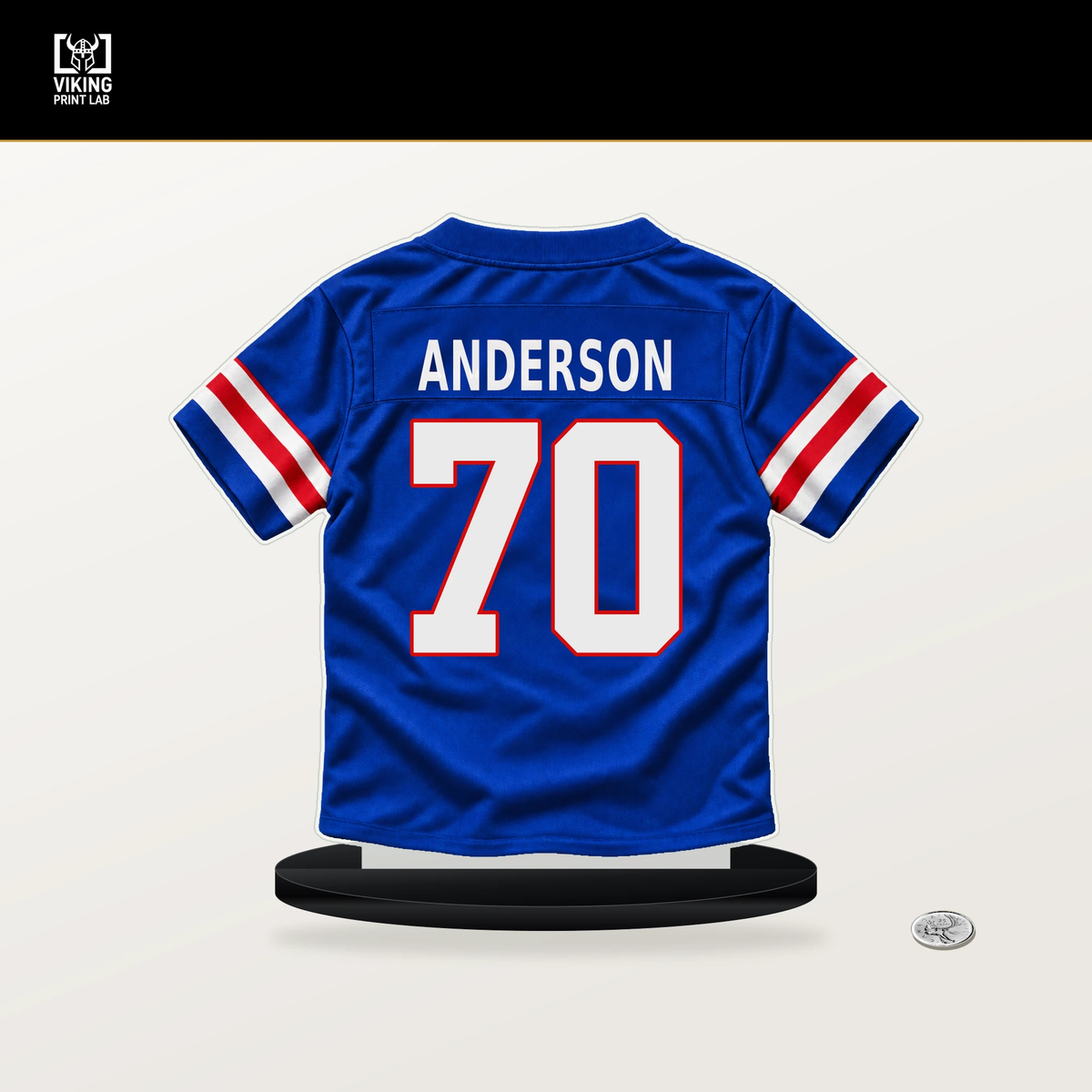 Alec Anderson number 70 Buffalo Bills jersey stand with included black base.