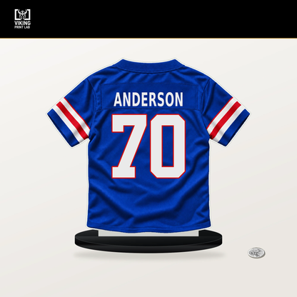Alec Anderson number 70 Buffalo Bills jersey stand with included black base.