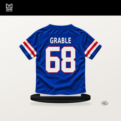 Tylan Grable number 68 Buffalo Bills jersey stand with included black base.