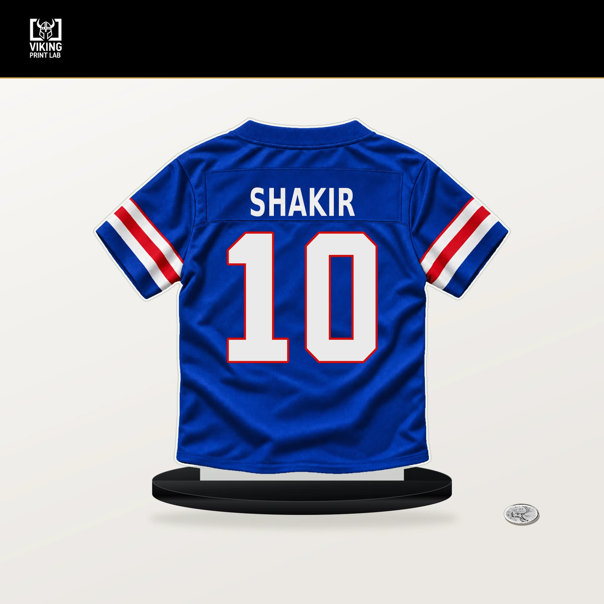 Khalil Shakir number 10 Buffalo Bills jersey stand with included black base.