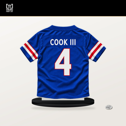 James Cook III number 4 Buffalo Bills jersey stand with included black base.