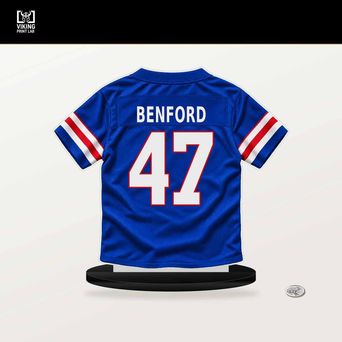 Christian Benford number 47 Buffalo Bills jersey stand with included black base.