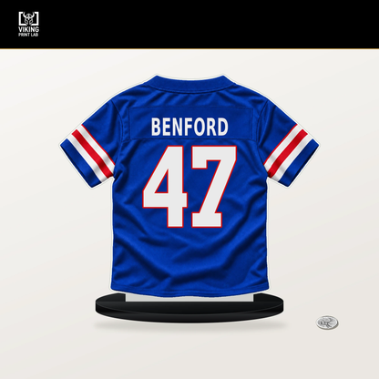 Christian Benford number 47 Buffalo Bills jersey stand with included black base.
