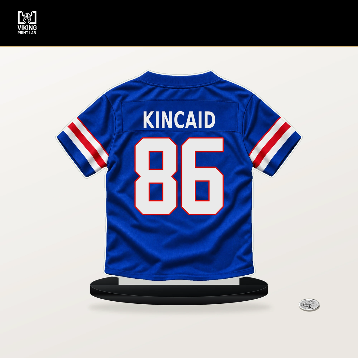 Dalton Kincaid number 86 Buffalo Bills jersey stand with included black base.