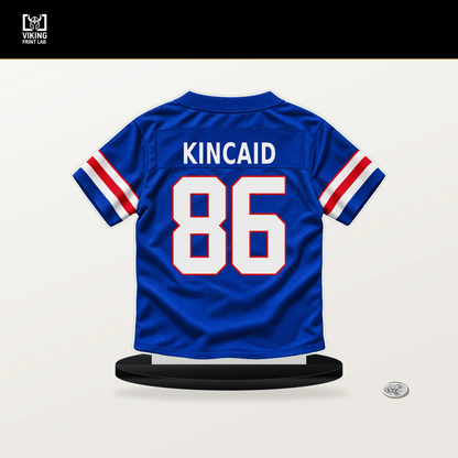 Dalton Kincaid number 86 Buffalo Bills jersey stand with included black base.