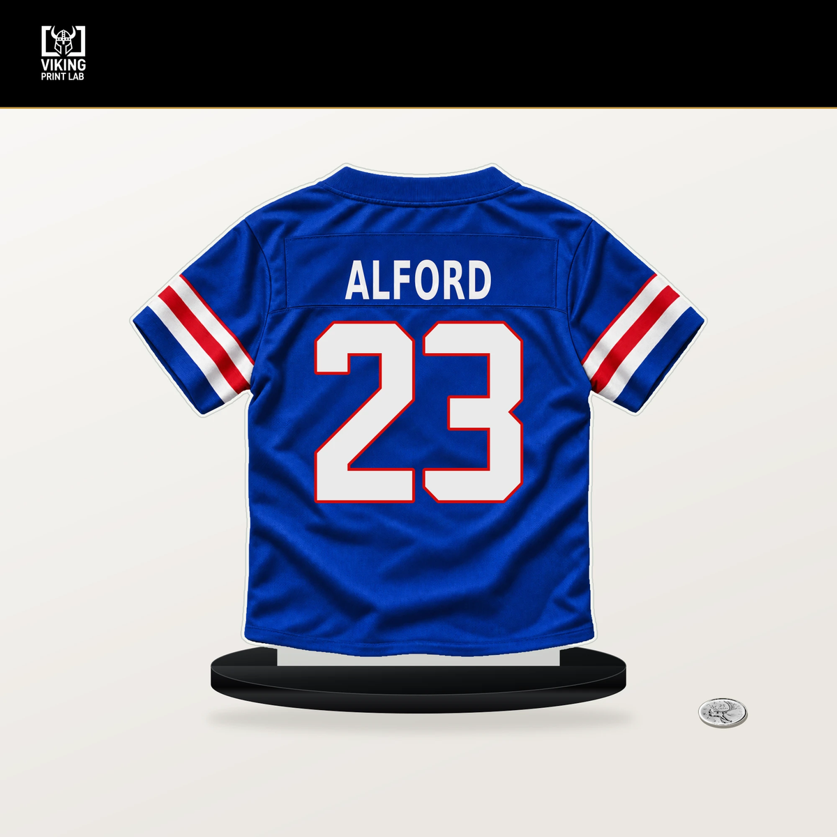 Dee Alford number 23 Buffalo Bills jersey stand with included black base.