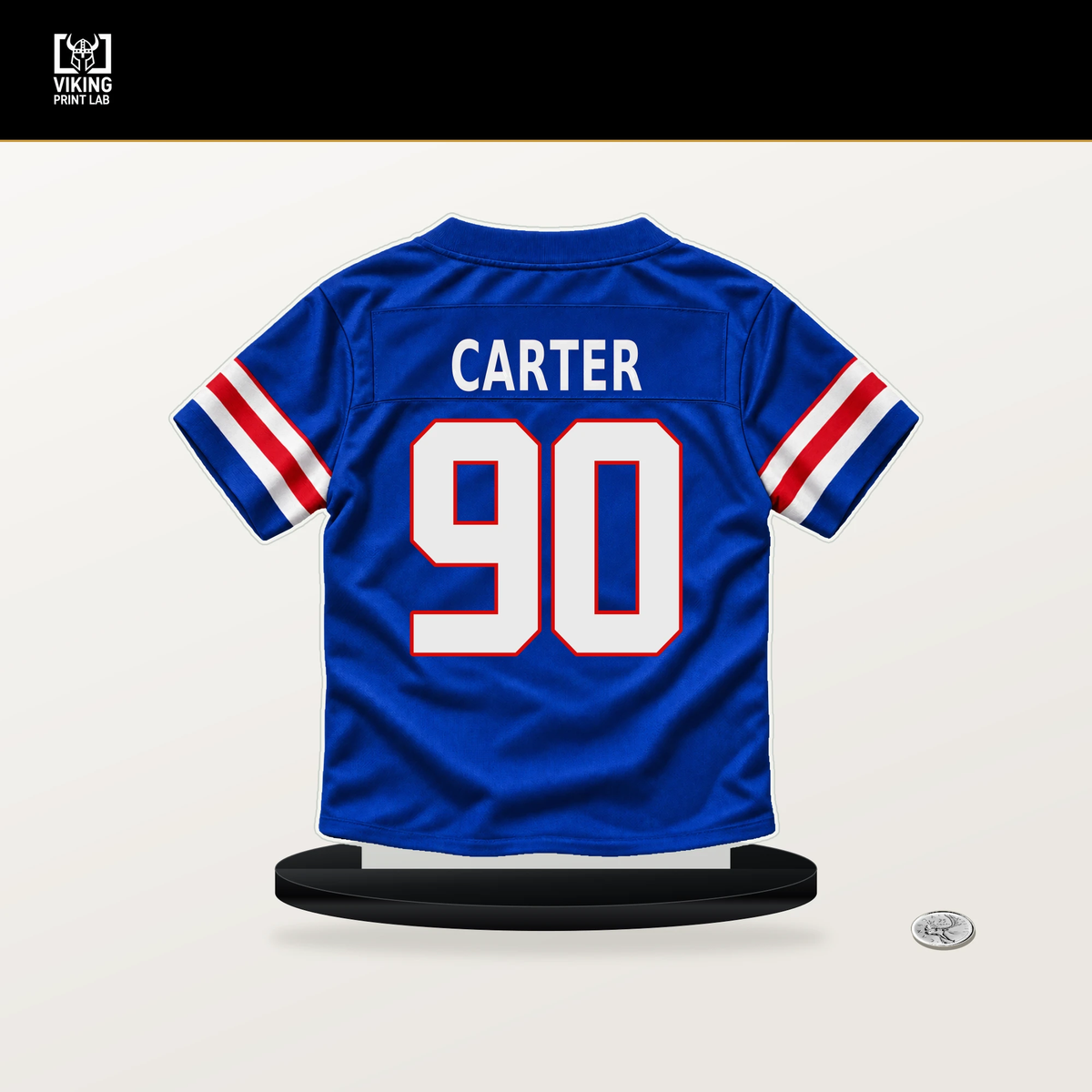 DeWayne Carter number 90 Buffalo Bills jersey stand with included black base.