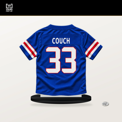 Te'Cory Couch number 33 Buffalo Bills jersey stand with included black base.