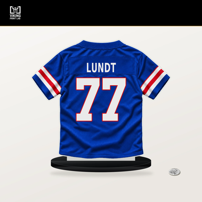 Chase Lundt number 77 Buffalo Bills jersey stand with included black base.