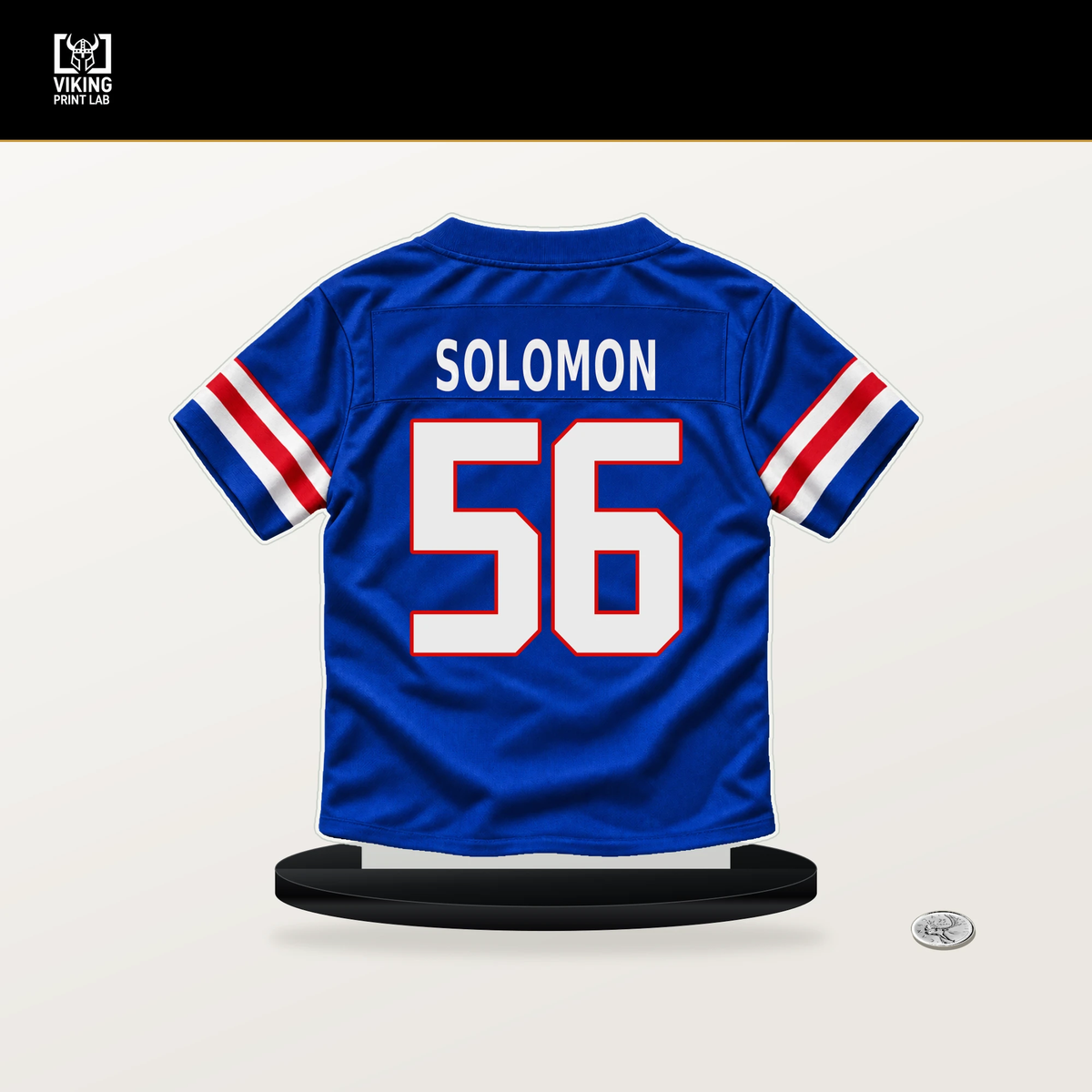 Javon Solomon number 56 Buffalo Bills jersey stand with included black base.