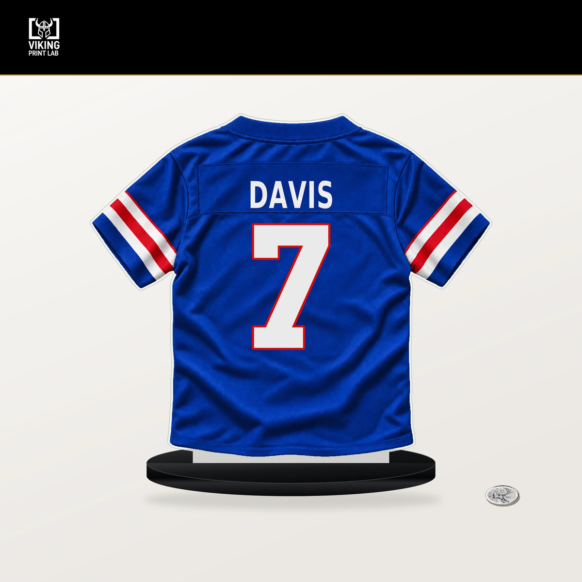 Ray Davis number 7 Buffalo Bills jersey stand with included black base.