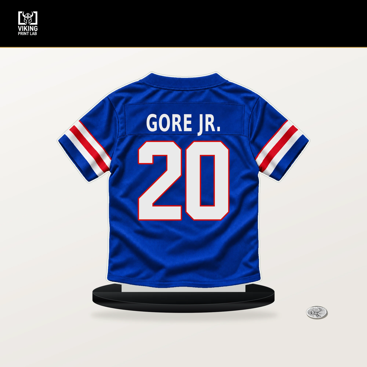 Frank Gore Jr. number 20 Buffalo Bills jersey stand with included black base.