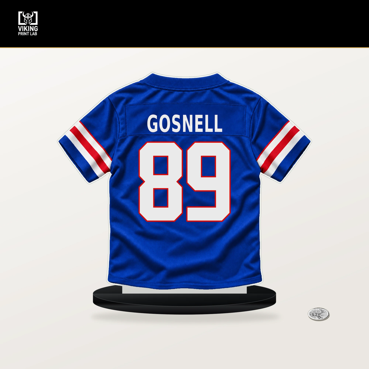 Stephen Gosnell number 89 Buffalo Bills jersey stand with included black base.