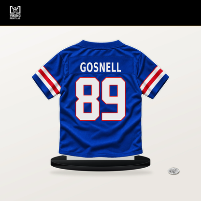 Stephen Gosnell number 89 Buffalo Bills jersey stand with included black base.