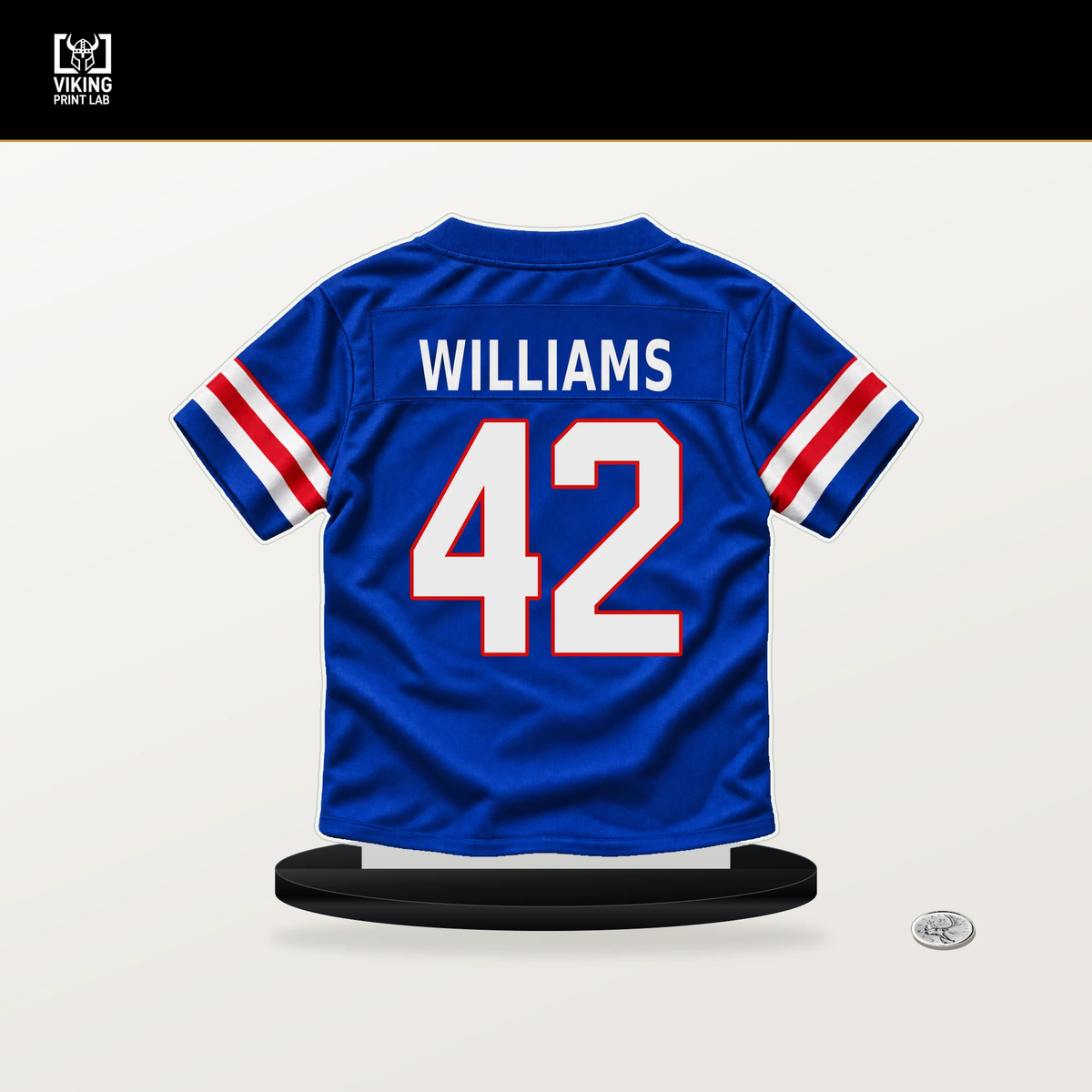 Dorian Williams number 42 Buffalo Bills jersey stand with included black base.