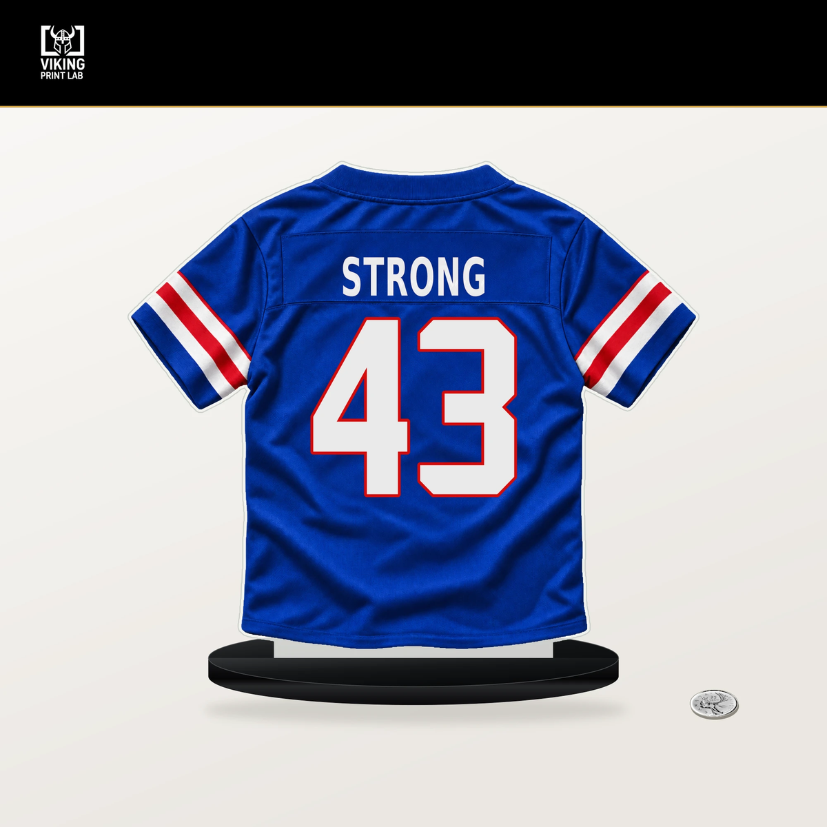 Dorian Strong number 43 Buffalo Bills jersey stand with included black base.