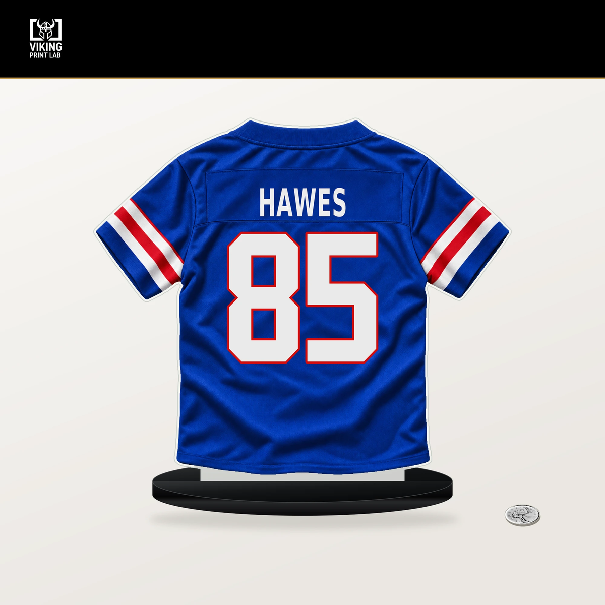 Jackson Hawes number 85 Buffalo Bills jersey stand with included black base.