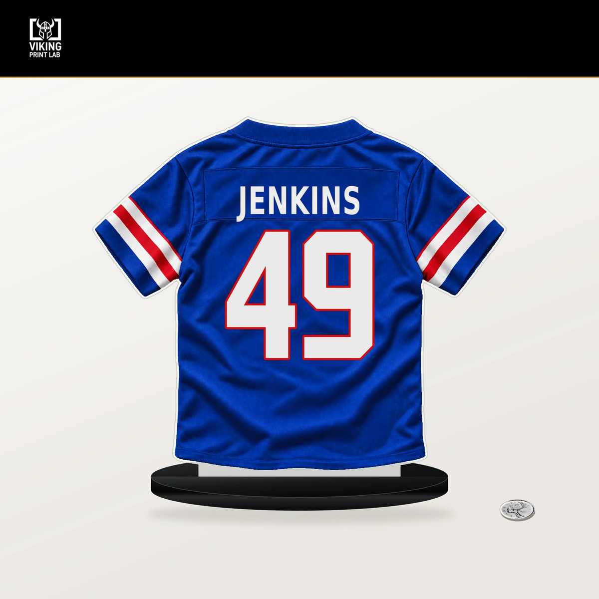 Keonta Jenkins number 49 Buffalo Bills jersey stand with included black base.