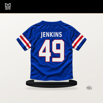 Keonta Jenkins number 49 Buffalo Bills jersey stand with included black base.
