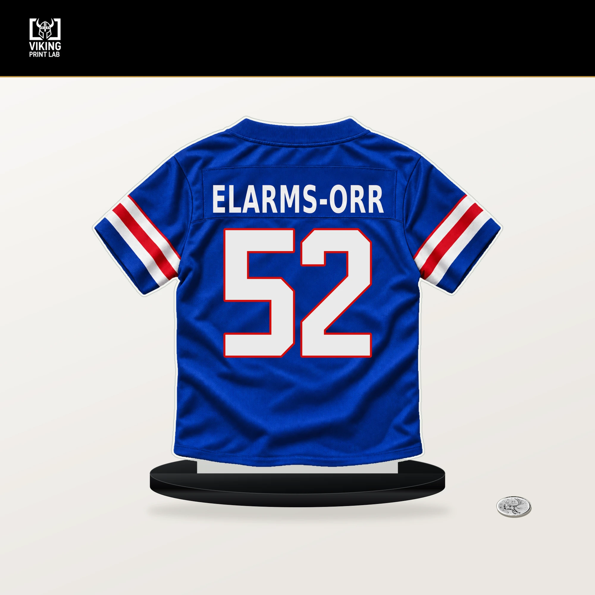 Kaleb Elarms-Orr number 52 Buffalo Bills jersey stand with included black base.
